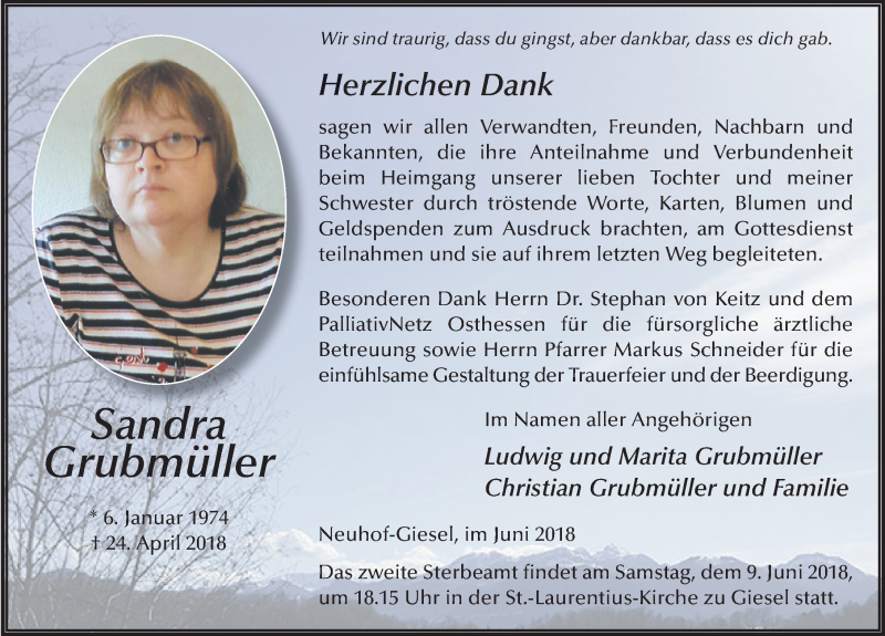  Traueranzeige für Sandra Grubmüller vom 02.06.2018 aus 
