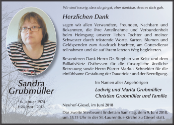Traueranzeige von Sandra Grubmüller 