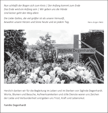 Traueranzeige von Siglinde Degenhardt 