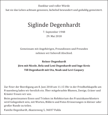 Traueranzeige von Siglinde Degenhardt 