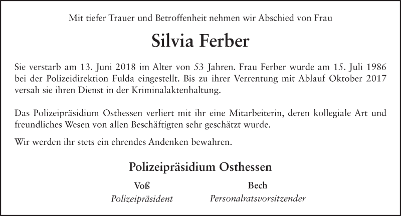  Traueranzeige für Silvia Ferber vom 16.06.2018 aus 