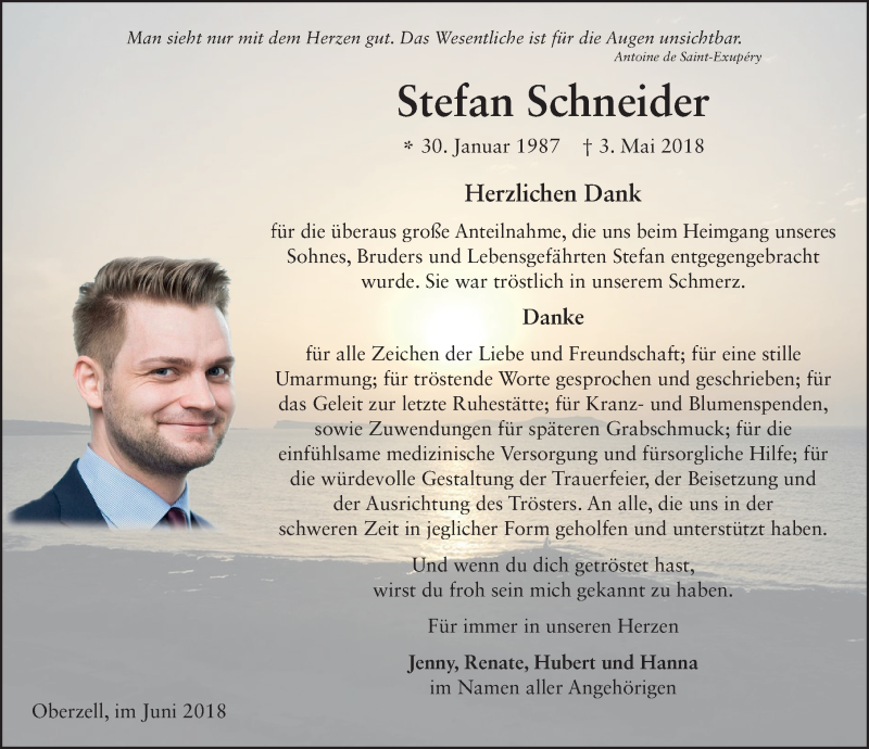  Traueranzeige für Stefan Schneider vom 09.06.2018 aus 