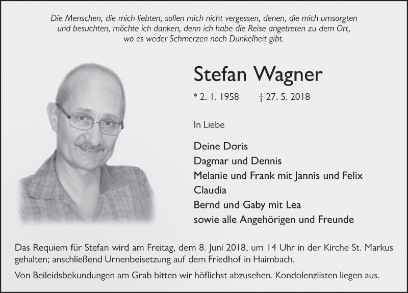  Traueranzeige für Stefan Wagner vom 04.06.2018 aus 