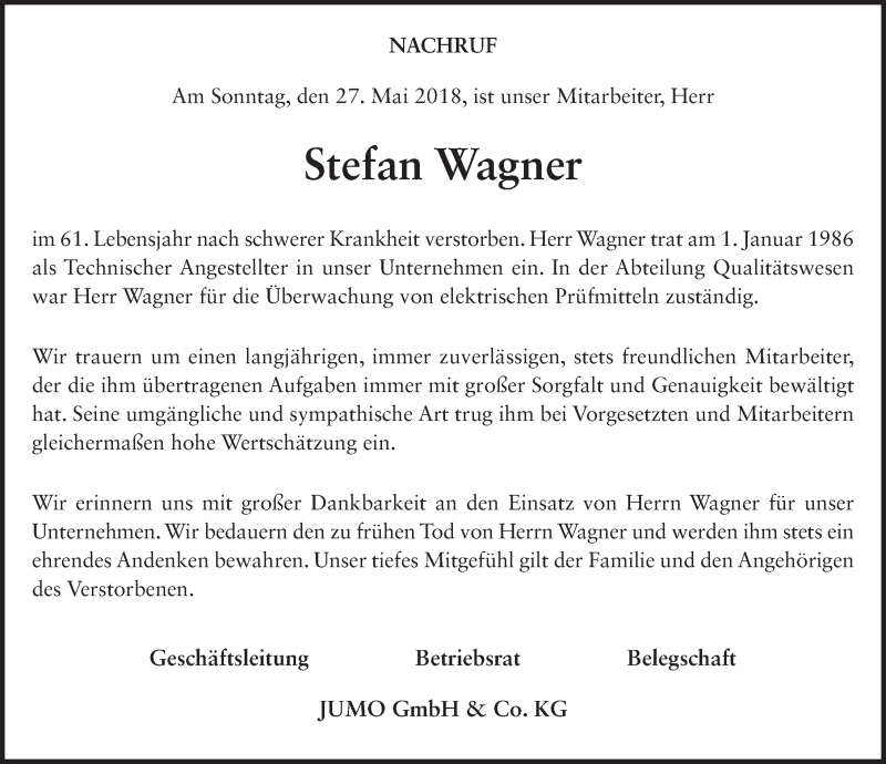  Traueranzeige für Stefan Wagner vom 04.06.2018 aus 