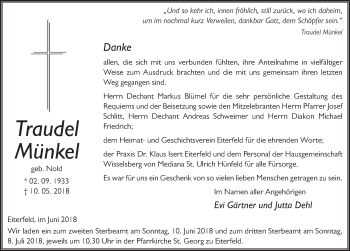 Traueranzeige von Traudel Münkel 