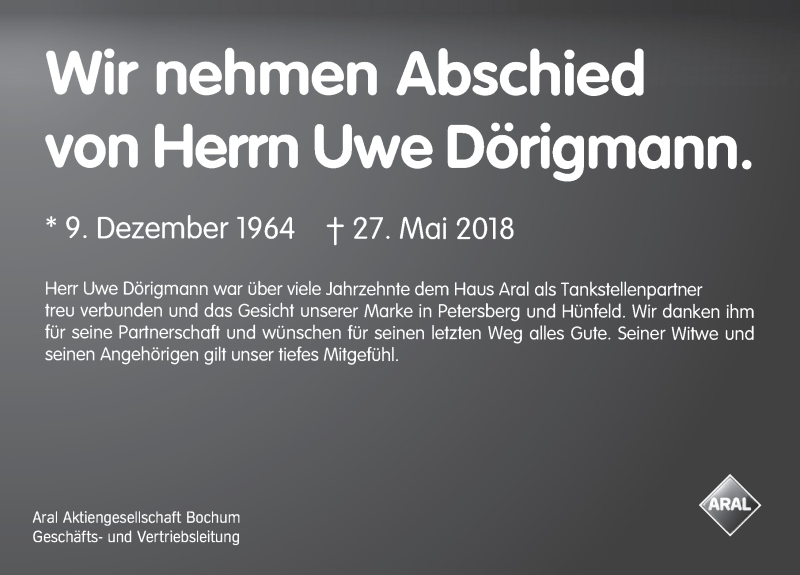  Traueranzeige für Uwe Dörigmann vom 01.06.2018 aus 