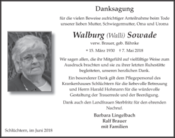 Traueranzeige von Walburg Sowade 