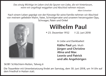 Traueranzeige von Wilhelm Paul 
