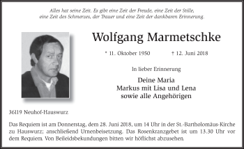 Traueranzeige von Wolfgang Marmetsche 