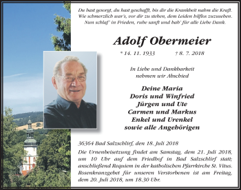 Traueranzeige von Adolf Obermeier 