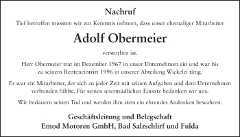 Traueranzeige von Adolf Obermeier 
