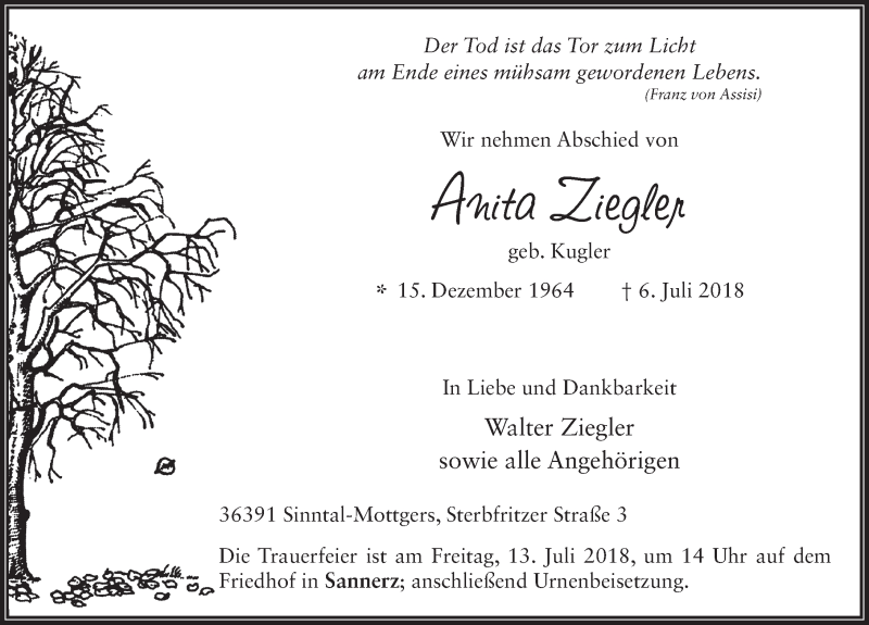  Traueranzeige für Anita Ziegler vom 11.07.2018 aus 