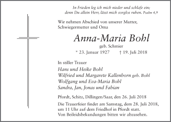 Traueranzeige von Anna-Maria Bohl 