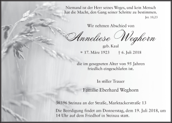 Traueranzeige von Anneliese Weghorn 