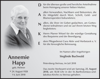 Traueranzeige von Annemie Happ 