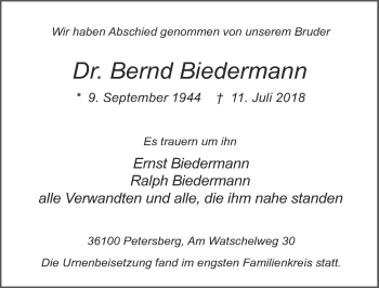 Traueranzeige von Bernd Biedermann 