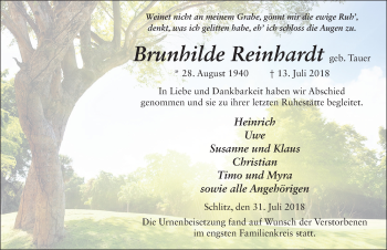 Traueranzeige von Brunhilde Reinhardt 