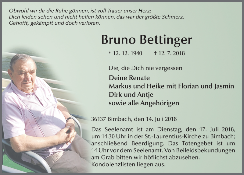  Traueranzeige für Bruno Bettinger vom 14.07.2018 aus 