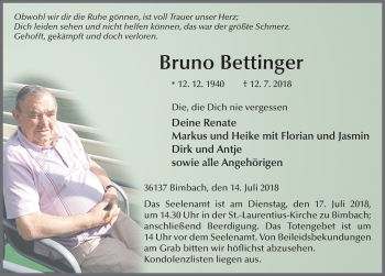 Traueranzeige von Bruno Bettinger 