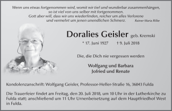Traueranzeige von Doralies Geisler 