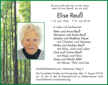 Traueranzeige von Elise Reuß 