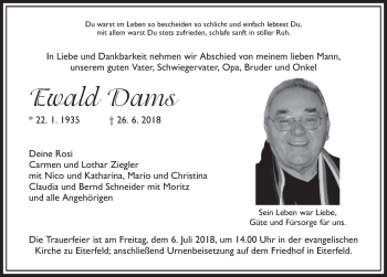 Traueranzeige von Ewald Dams 