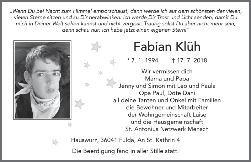  Traueranzeige für Fabian Klüh vom 25.07.2018 aus 