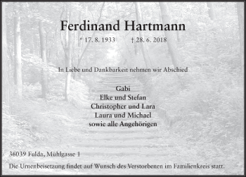 Traueranzeige von Ferdinand Hartmann 