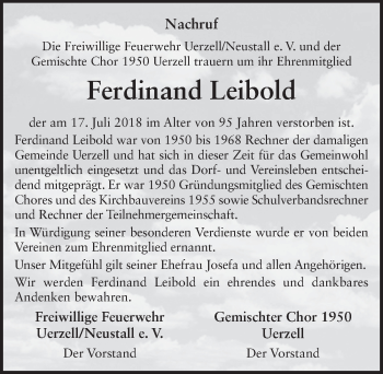 Traueranzeige von Ferdinand Leibold 