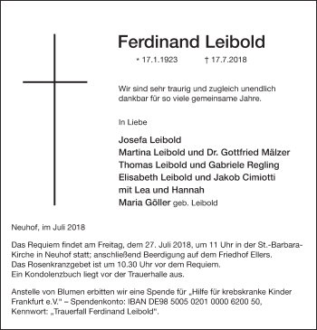 Traueranzeige von Ferdinand Leibold 