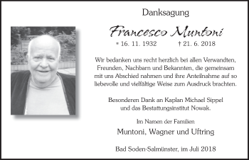 Traueranzeige von Francesco Muntoni 