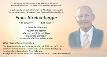 Traueranzeige von Franz Streitenberger 