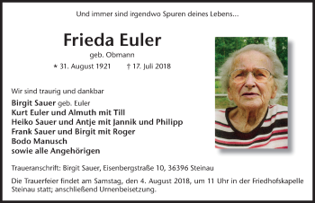 Traueranzeige von Frieda Euler 