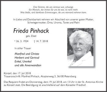 Traueranzeige von Frieda Pinhack 