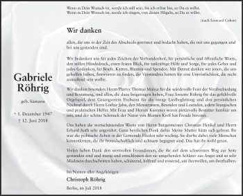 Traueranzeige von Gabriele Röhrig 