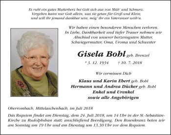 Traueranzeige von Gisela Bohl 