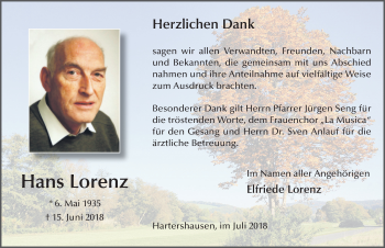 Traueranzeige von Hans Lorenz 