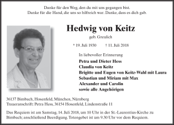 Traueranzeige von Hedwig von Keitz 