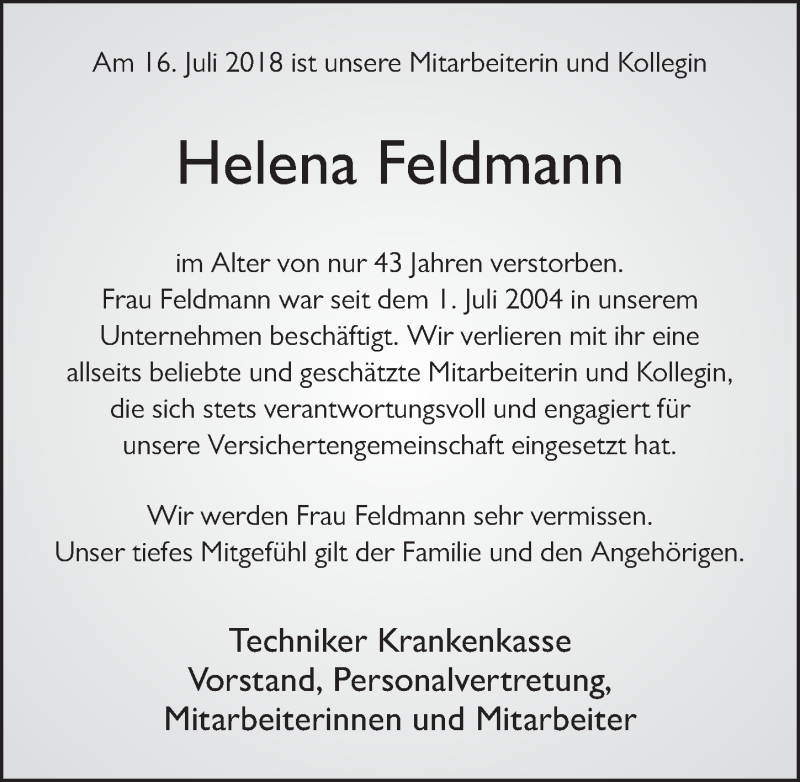  Traueranzeige für Helena Feldmann vom 19.07.2018 aus 