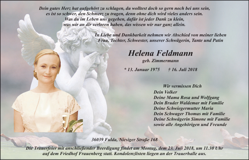  Traueranzeige für Helena Feldmann vom 19.07.2018 aus 