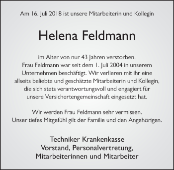 Traueranzeige von Helena Feldmann 