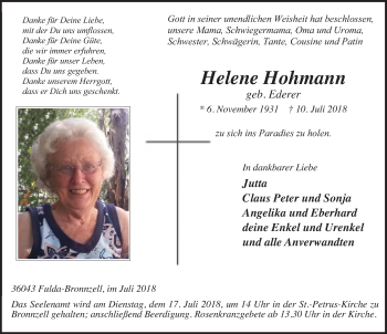 Traueranzeige von Helene Hohmann 