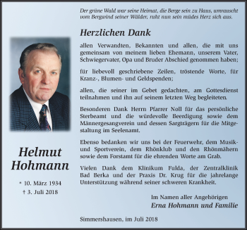 Traueranzeige von Helmut Hohmann 