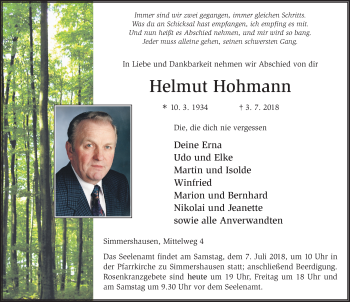 Traueranzeige von Helmut Hohmann 