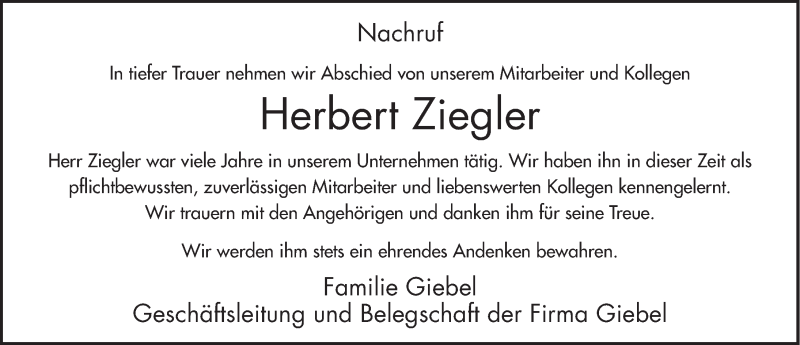  Traueranzeige für Herbert Ziegler vom 13.07.2018 aus 