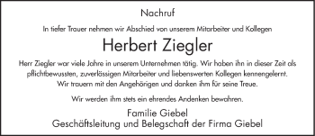 Traueranzeige von Herbert Ziegler 