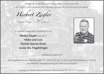 Traueranzeige von Herbert Ziegler 