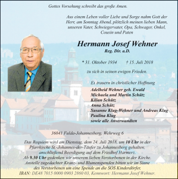 Traueranzeige von Hermann Josef Wehner 