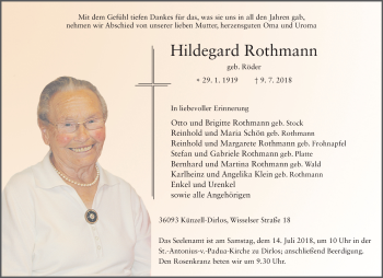 Traueranzeige von Hildegard Rothmann 