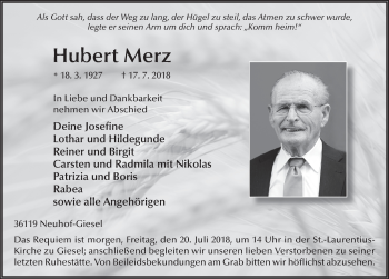 Traueranzeige von Hubert Merz 